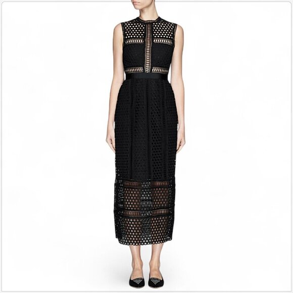 Self-Portrait Black Crochet Lace Long Midi Column Tiered Dress New NWOT 6 - Picture 1 of 6